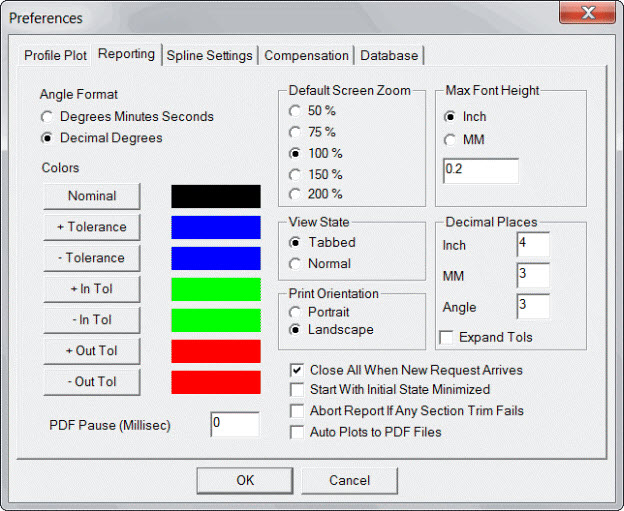 Preferences dialog box - Reporting tab