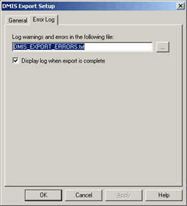 DMIS Export Setup dialog box - Error Log tab