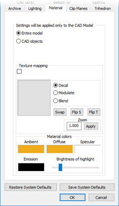 CAD and Graphic Setup dialog box - Material tab