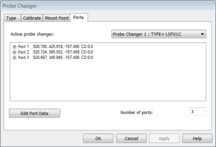 Probe Changer dialog box - Ports tab with calibration results