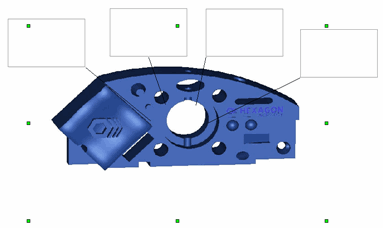 例：顯示虛擬工件上方四個虛擬標籤的 CAD 報告物件