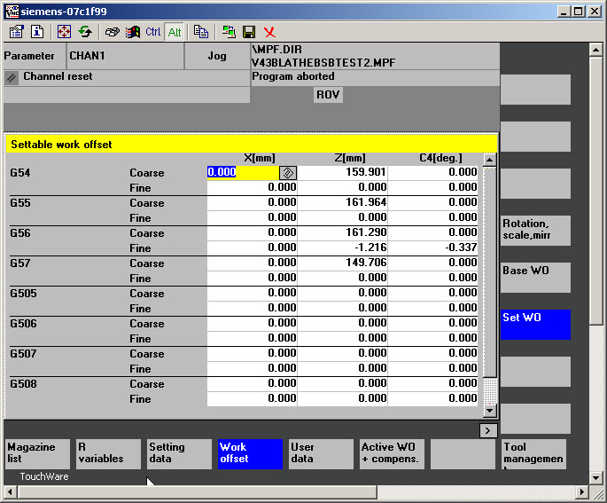 Update a Work Offset for a Siemens Lathe