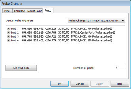 Probe Changer dialog box - Ports tab with calibration results