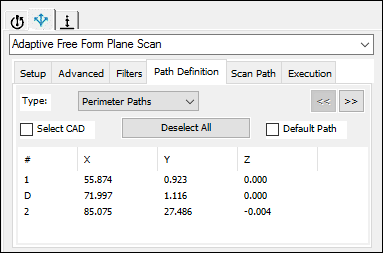 Path Definition Tab - Adaptive Free Form Plane Scan Strategy