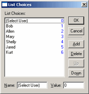 List Choices dialog box showing a list of user names for the ComboBox