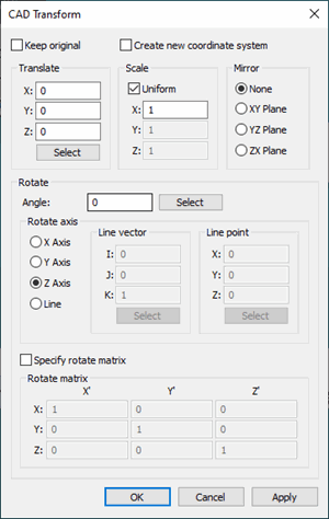 CAD Transform dialog box