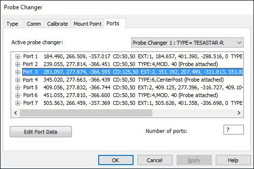 Probe Changer dialog box - Ports tab with calibration results