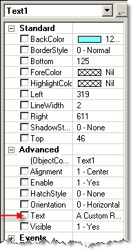 Sample Property Sheet for a Text object. Notice the user definable check boxes on the left.