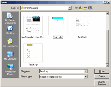 A sample Open dialog box showing several report template preview icons