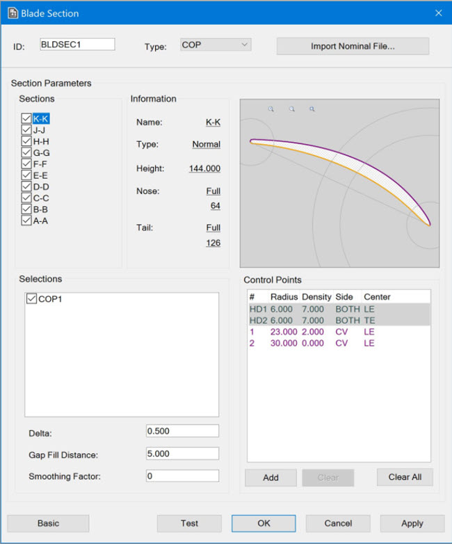 Blade Section dialog box with Control Points area