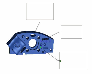 Three Label objects with leader lines objects drawn to a CadReportObject.