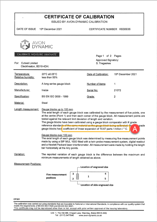 Calibation Certificate - Length Bar - Page 1